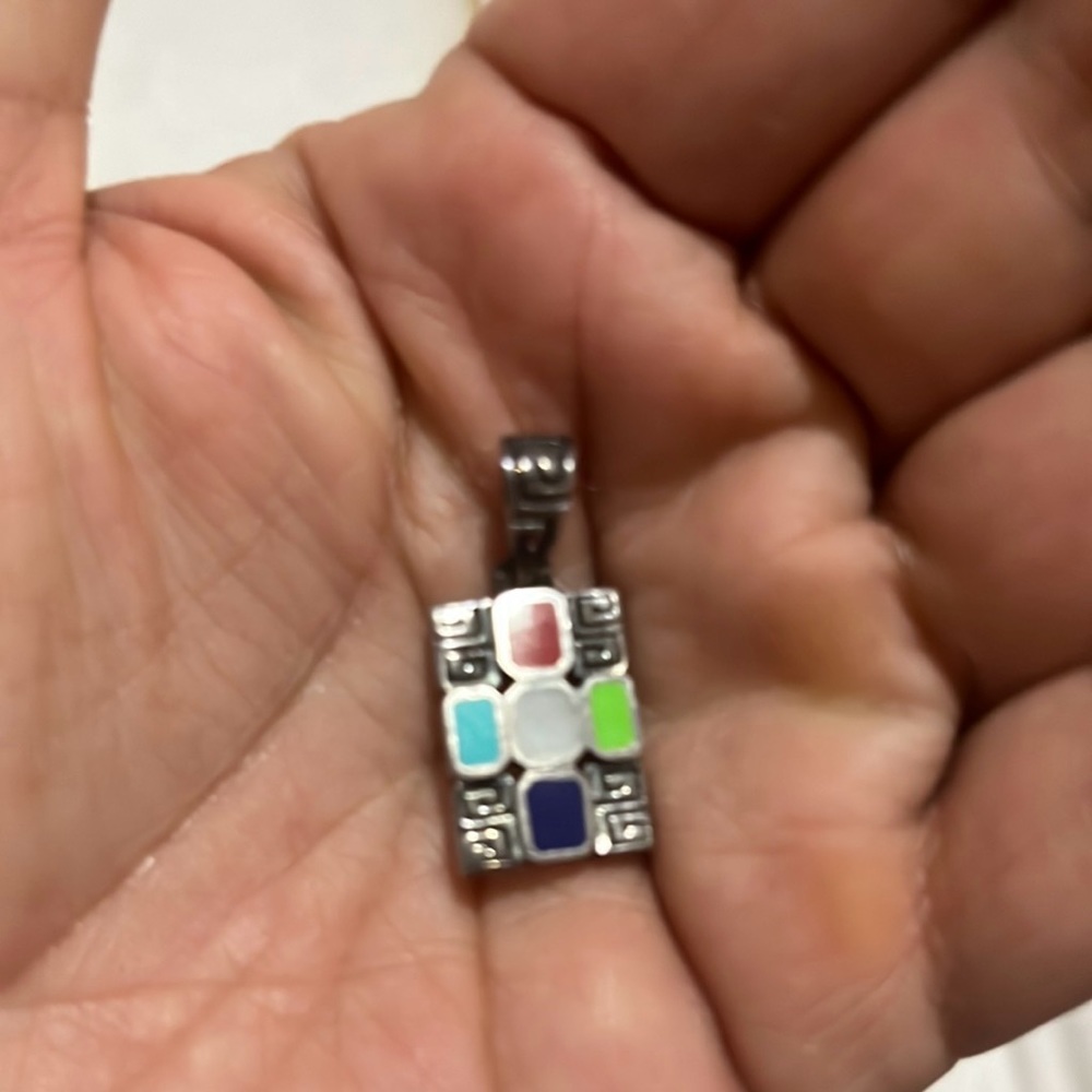 Vintage multi stoned square pendant 925 silver